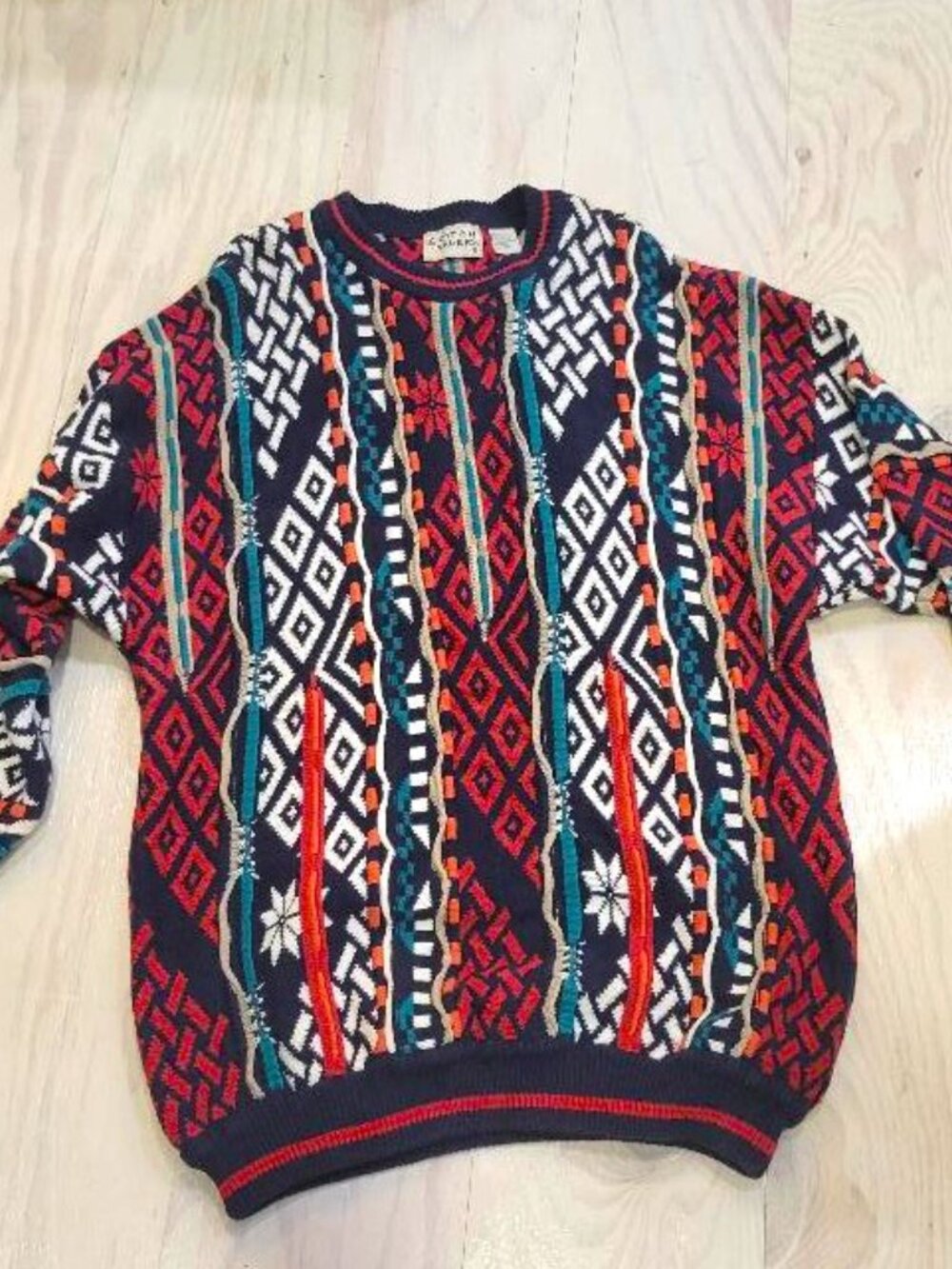 Vtg 90s Cotton Traders Coogi Style Slouch Crewneck Sweater Mens XL 3D Blue Red